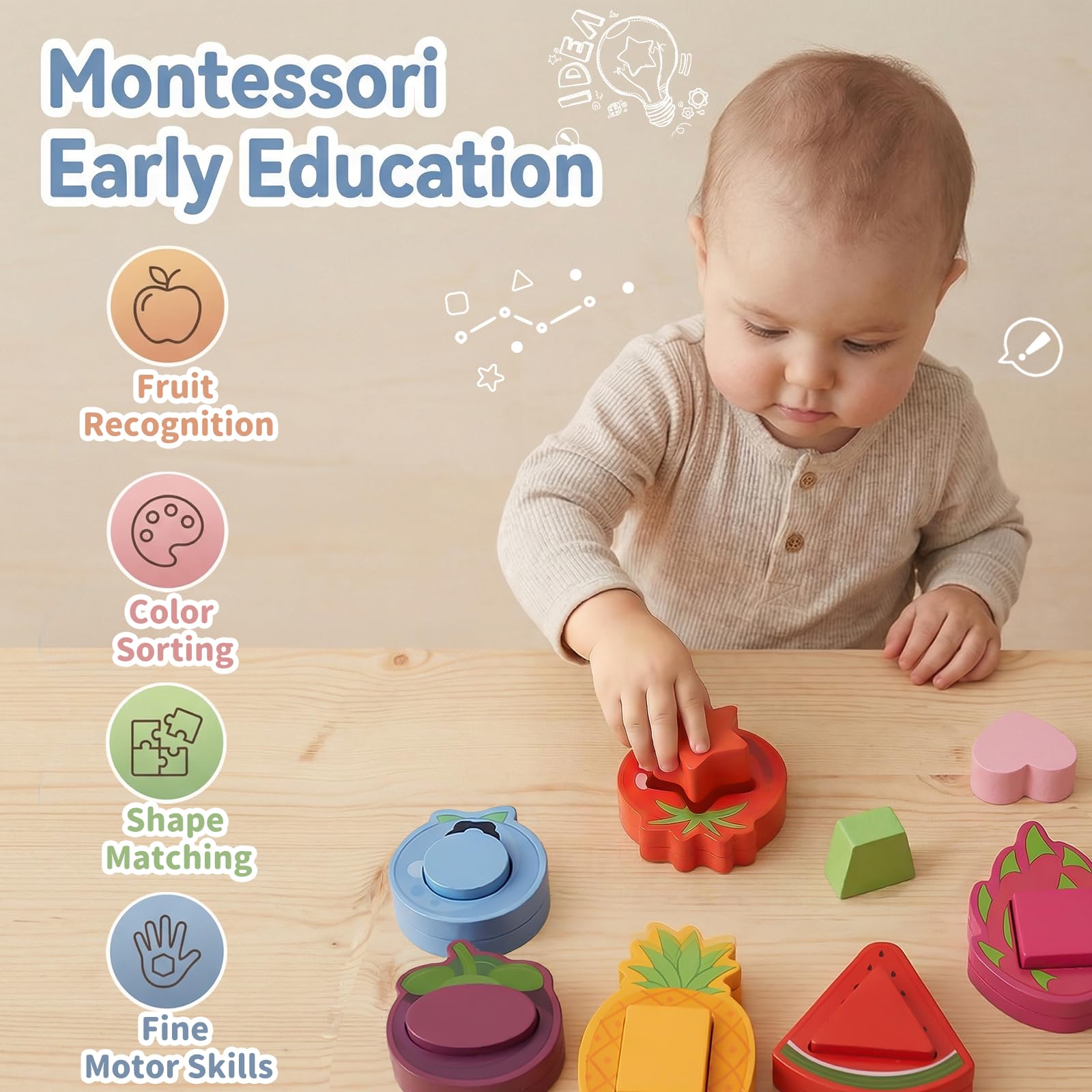 Jouet Bebe 1 an, Jeux Bebe 1 an, Jouet Montessori en Bois Cadeau Bebe 1 ans | Jeux Enfant 1 an Montessori en Bois et Acrylique avec Formes, Fruits et Légumes à Associer, Cadeau pour Garçon et Fille