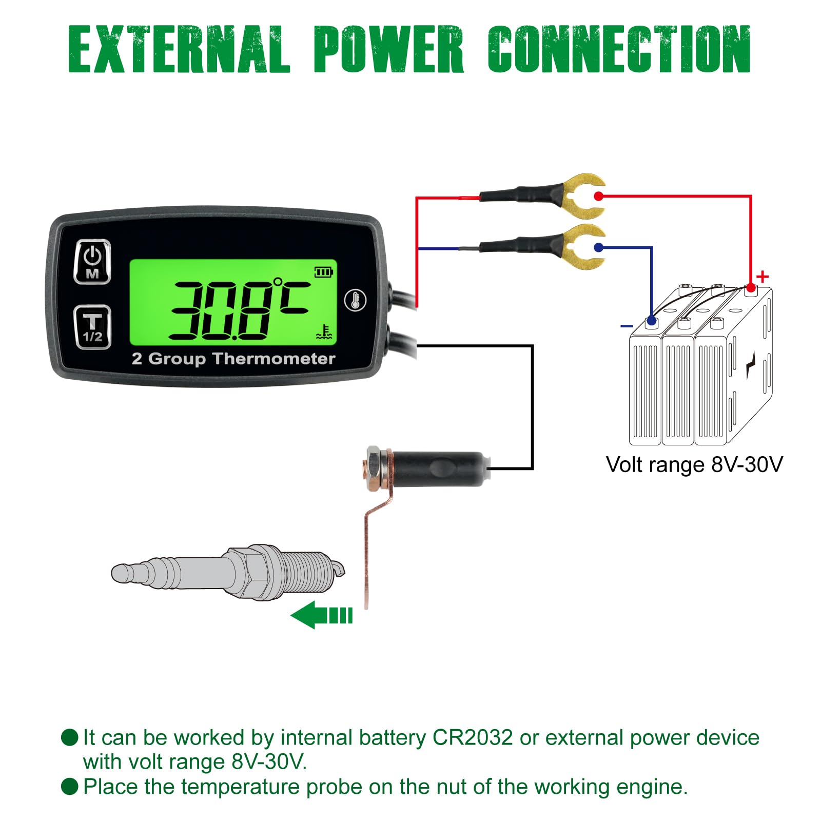 YOOREAL Digitale LCD Motore Temp Gauge, Doppia Registrazione Della Temperatura, Retroilluminazione Verde, Batteria e Alimentatore Esterno per Tosaerba Generatore Trattore Moto Dirtbike