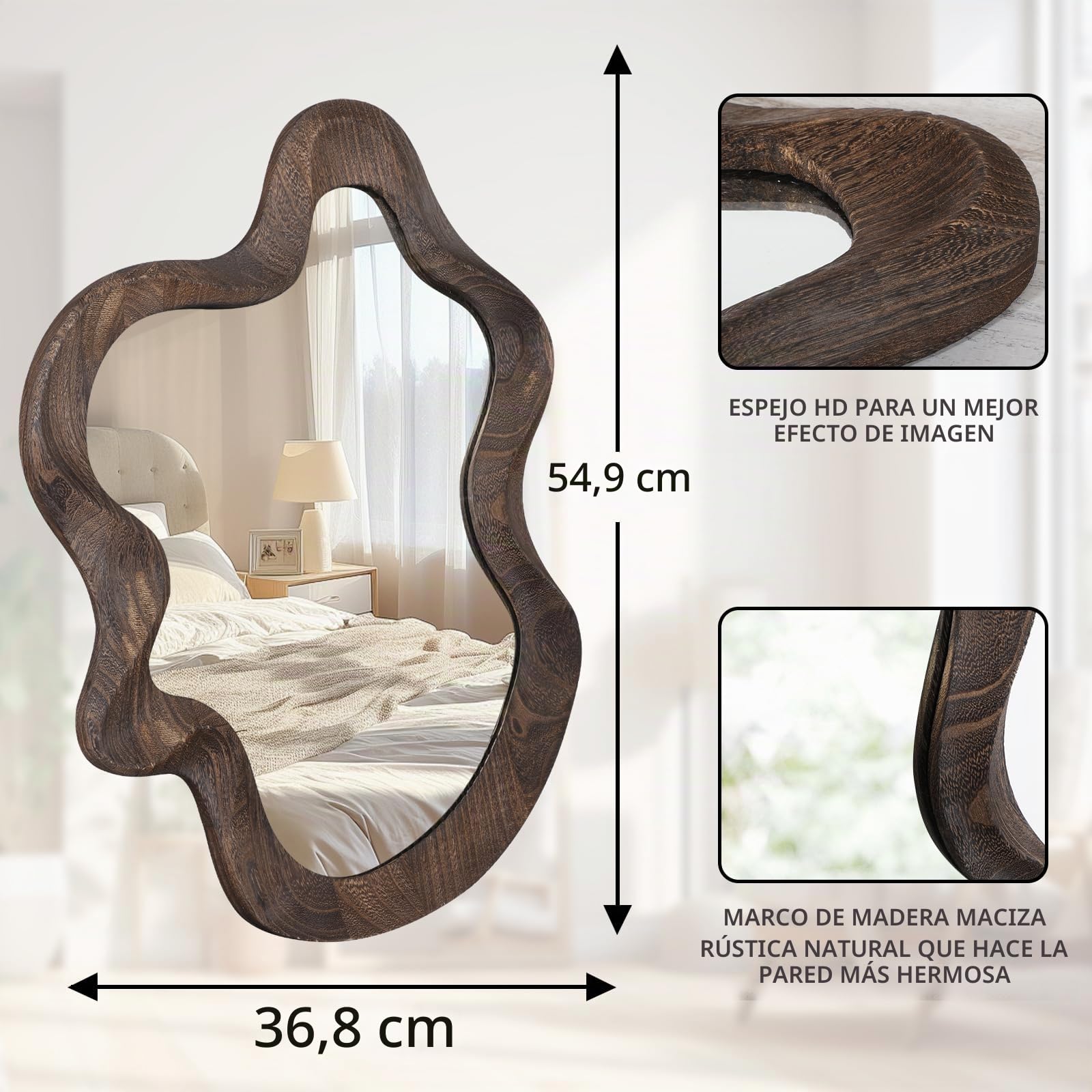 Espejo asimétrico para decoración de pared, grande, lindo y elegante, único espejo de pared con marco de madera, espejo artístico de nube, decorativo para sala de estar, dormitorio, baño, entrada