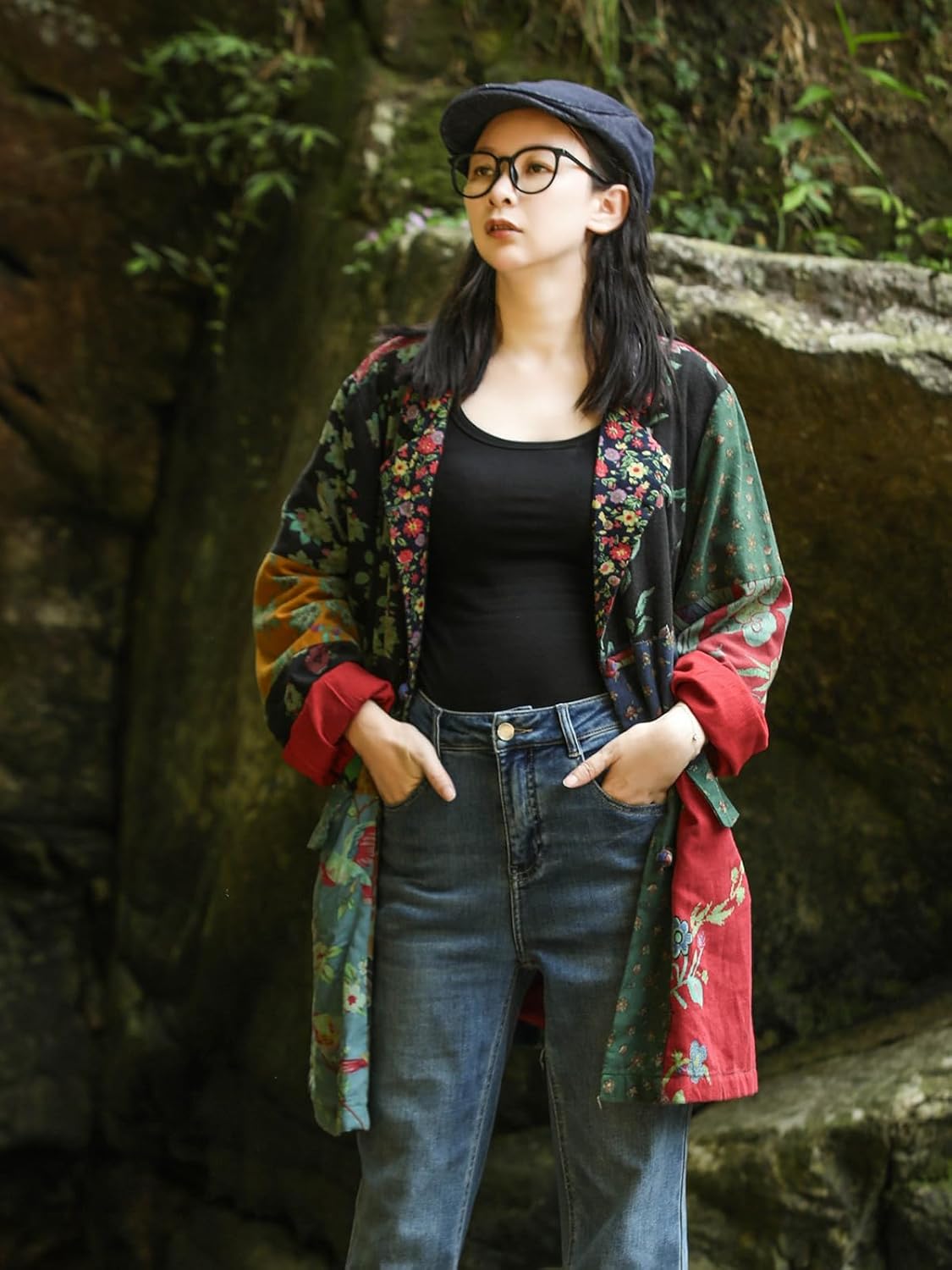 LZJN Floral Patchwork Duster Coat for Women, Handmade Frog Button Cotton Linen, Oversized Bohemian Vintage Blazer Jacket - Image 5