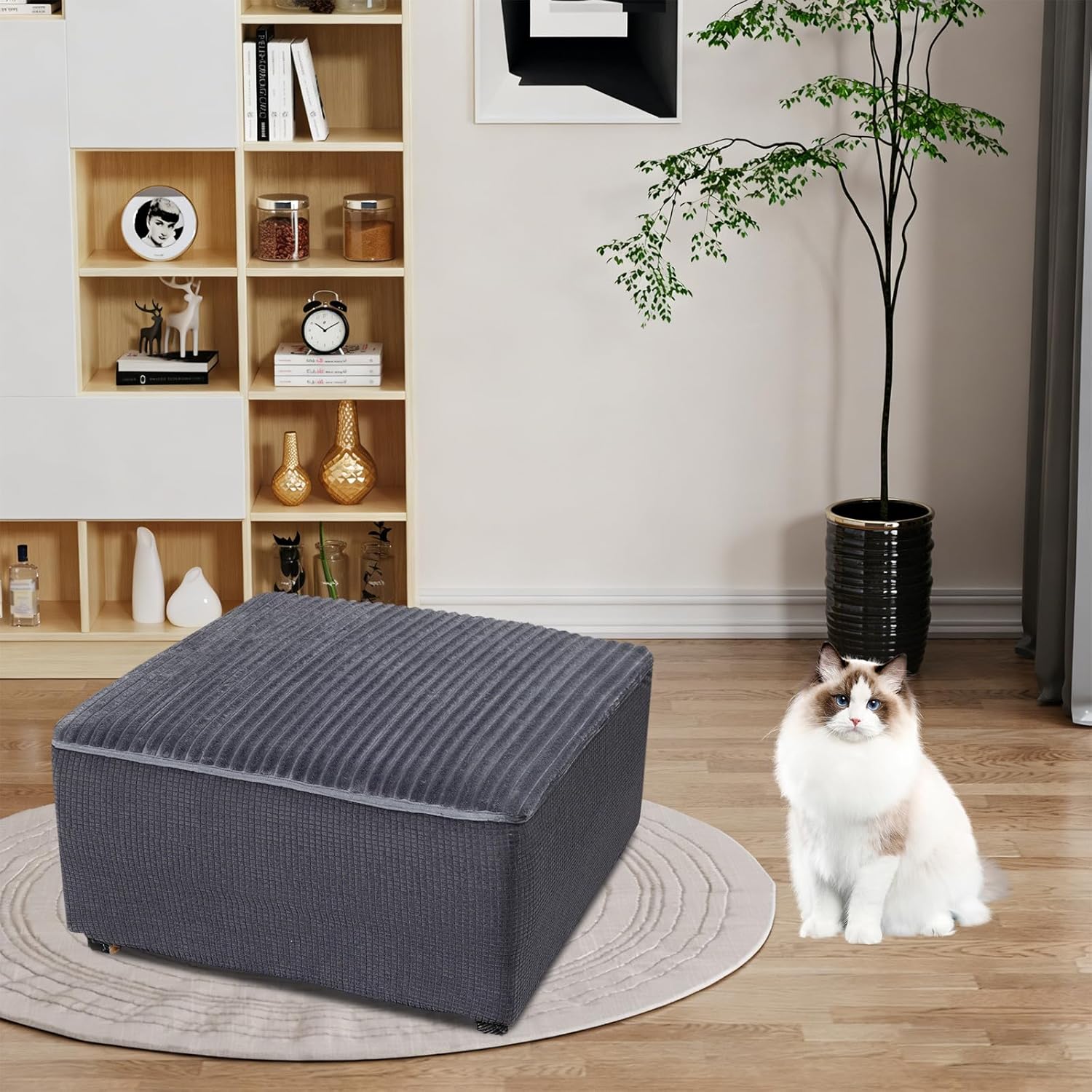 FUANGUI Ottoman Cover Square,Waterproof Thick Slipcover for Living Room, Washable Storage Footstool Furniture Protector for Dogs, Pets,with Nonslip Elastic Bottom, Dark Grey, Medium