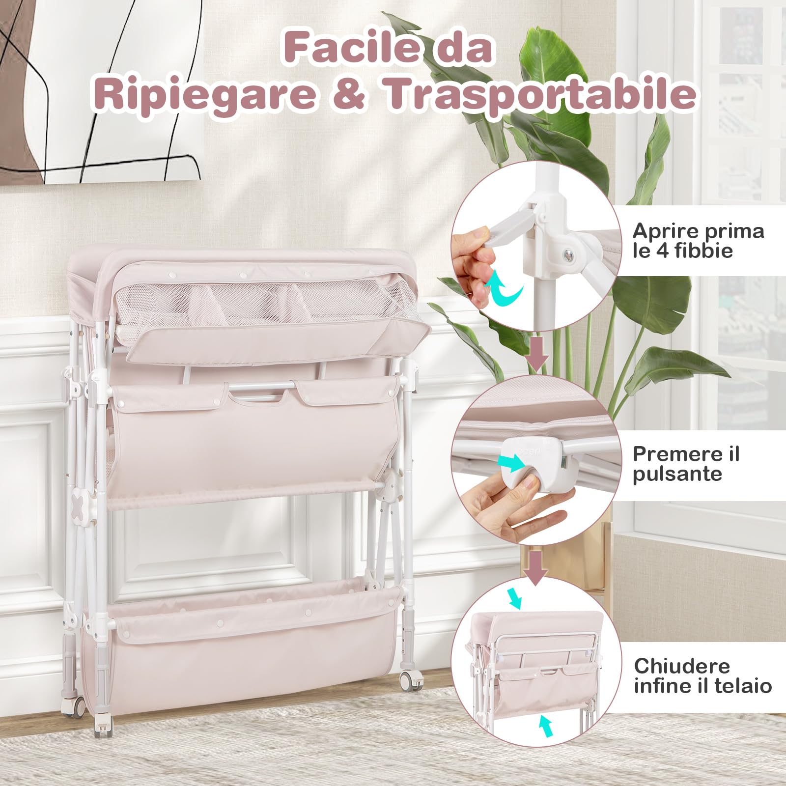 COSTWAY Fasciatoio Pieghevole Neonato, Fasciatoio Portatile con Altezza Regolabile, Comodino per Pannolini con Ruote di Bloccabili, 2 Ripiani, Porta Asciugamani, Cestino di Rifiuti (Beige)