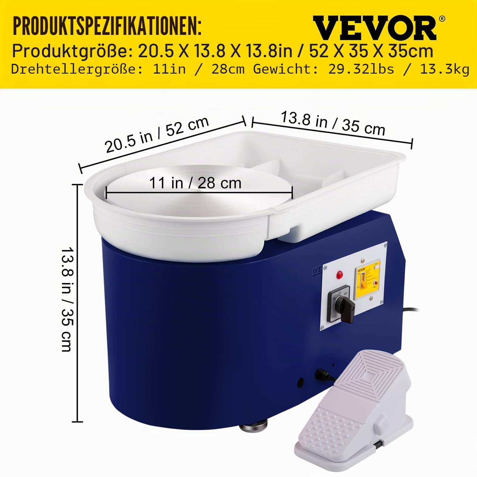 VEVOR Töpferscheibe 350 W, Keramik Rad Maschine 220 V, Elektrische Töpferscheibe 28 cm Plattenteller, Fußpedaleinstellung, 60 dB, Drehscheibe Töpferei Kunstwerk DIY Basteln 300 U/min, Blau, 13,3 kg