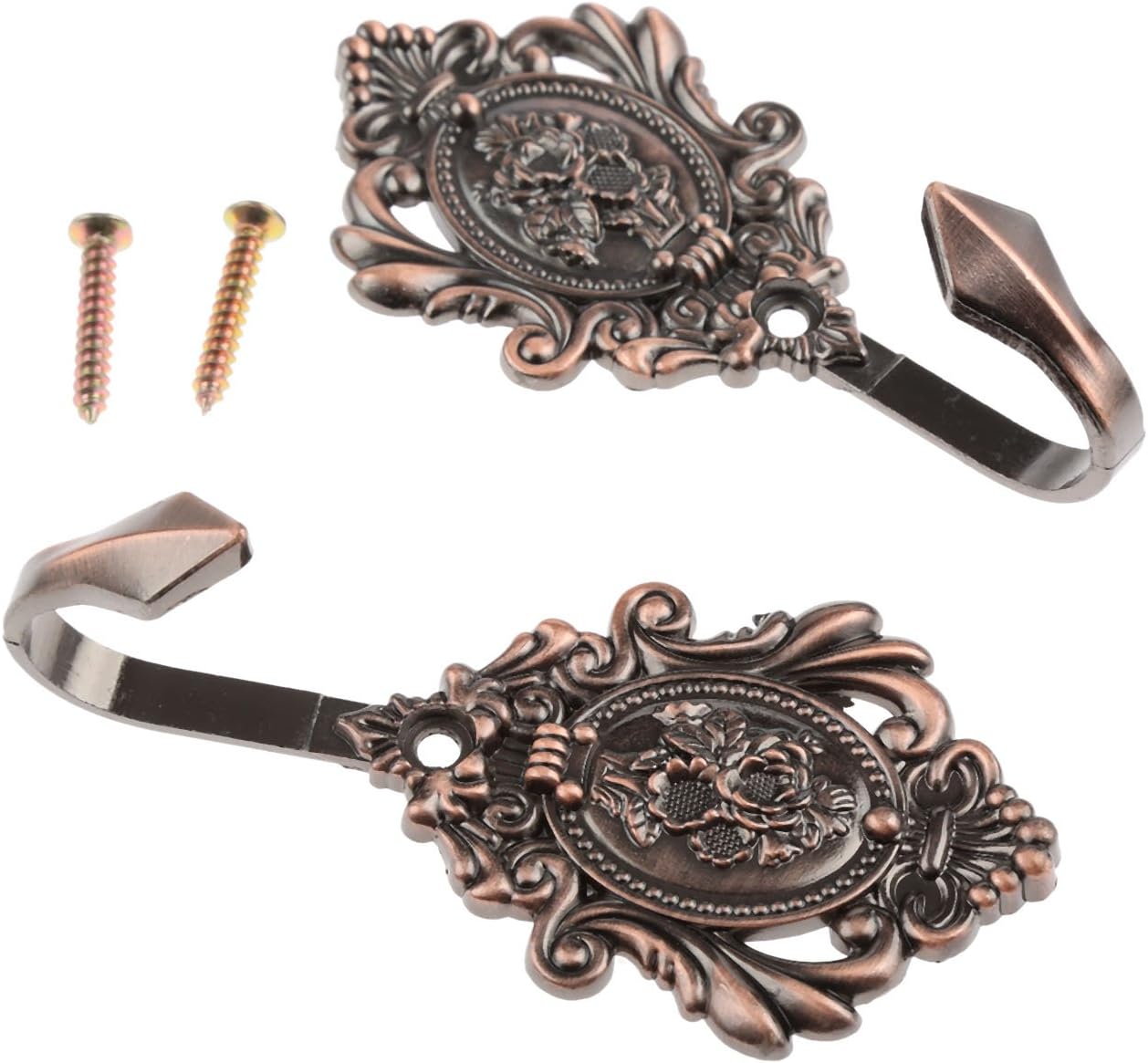 2Pcs Wall Hooks Red Copper Rose Pattern Carved Vintage Drapery Clothes Key Hook Bathroom Bedroom Multi-Function Decorative Hook with Screws - Image 2