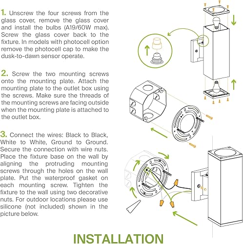 Miniatura 8 de ASD Lámpara de pared cilíndrica cuadrada de 2 vías  Enchufe E26 de 120 W de 120 V  Fotélula, impermeable, compatible con bombillas