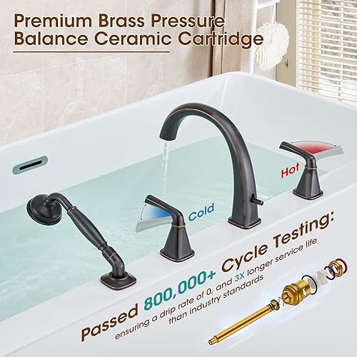 Miniatura 13 de Grifo de bañera romana de alto flujo con ducha de mano, grifo de bañera negro mate de 4 agujeros con válvula, grifos de bañera generalizados