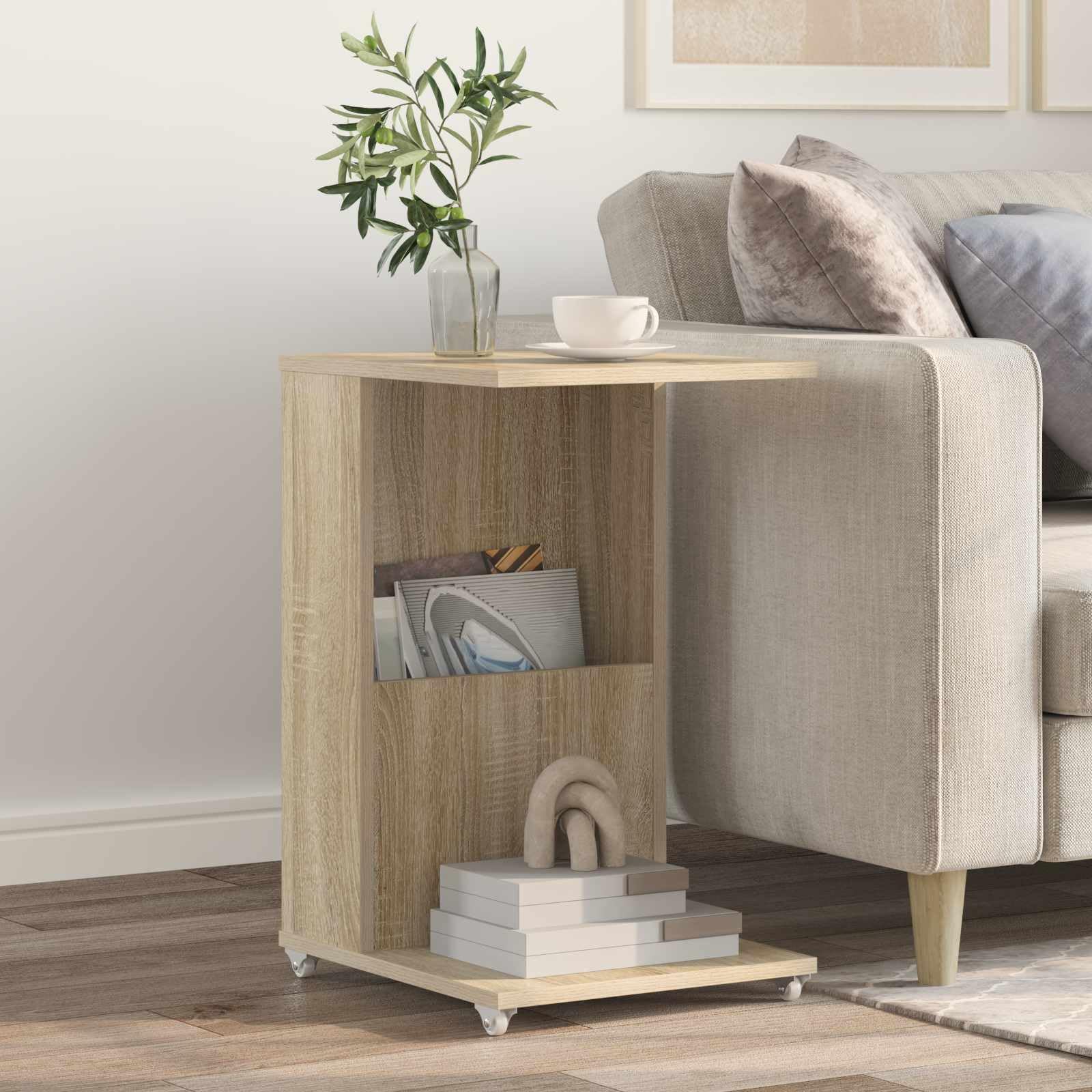 Mesa auxiliar de roble Sonoma de madera de 40 x 35 x 60 cm con ruedas, moderna mesa de almacenamiento para salón, dormitorio, pasillo, flexible como mesa de café o mesita de noche