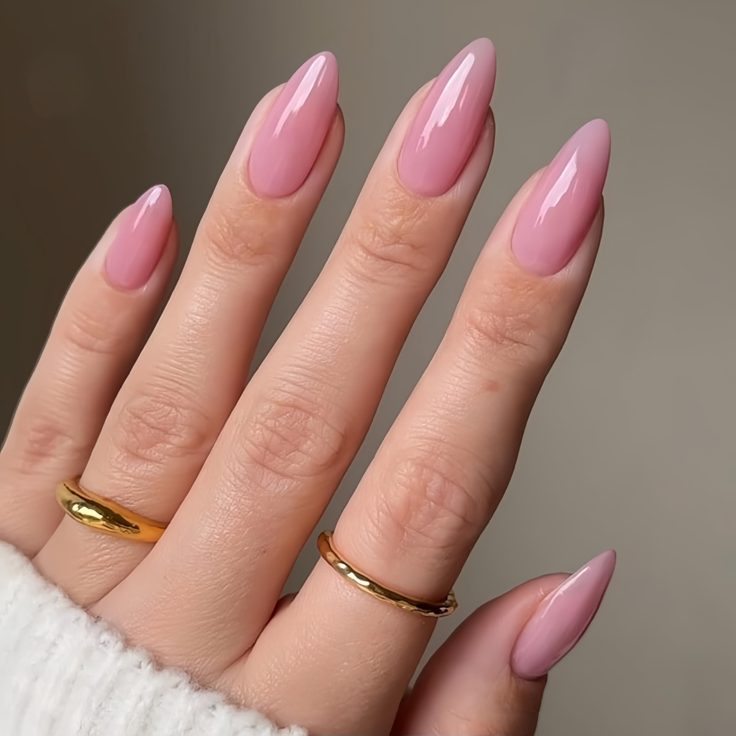 KQueenest Soft Gel Press on Nails Almond Medium, Dark Pink False Nails Almond, Glossy Solid Rose Pink Fake Nails Set
