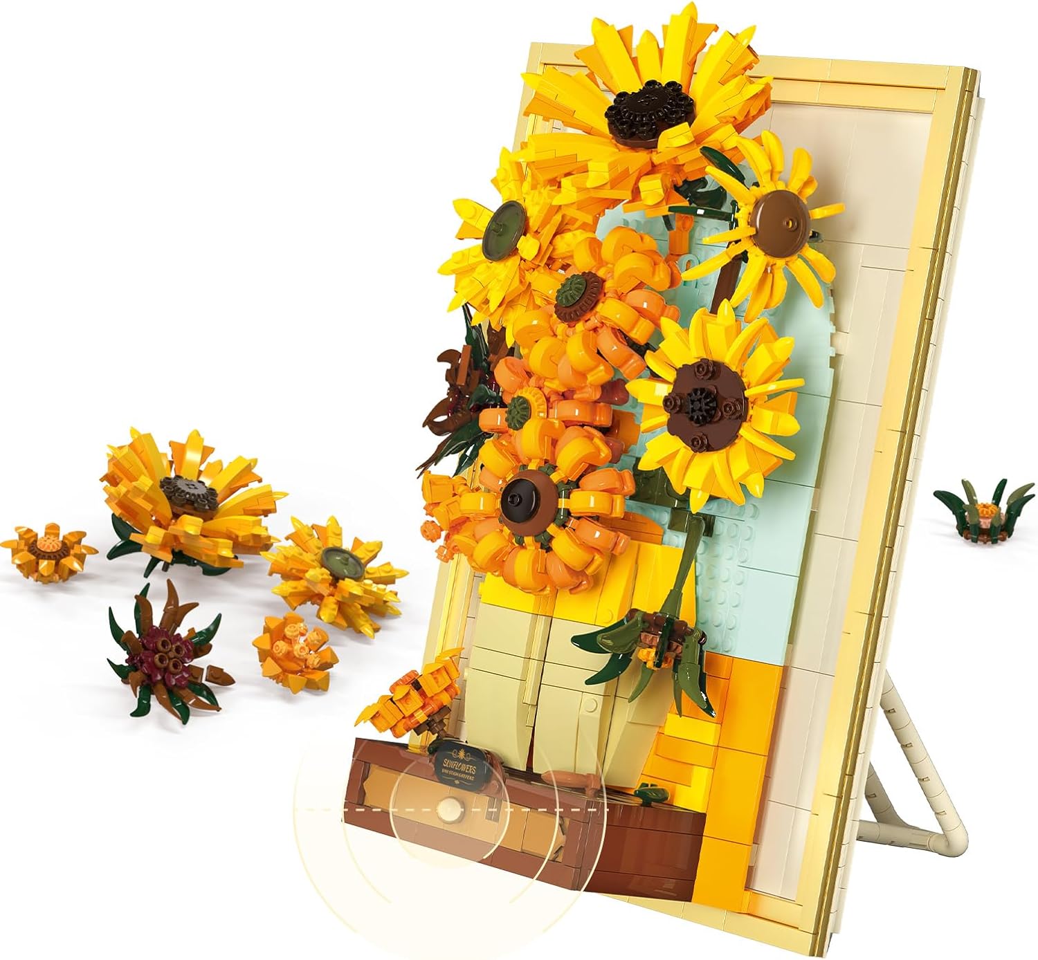 Building Block Sets, Van Gogh Sunflower Painting Building Toys with Sensor Light, 1166 Pcs 3D Framed Wall Art for Adults, DIY Model Kit for Home Office Decor, Gift for Women & Art Lovers