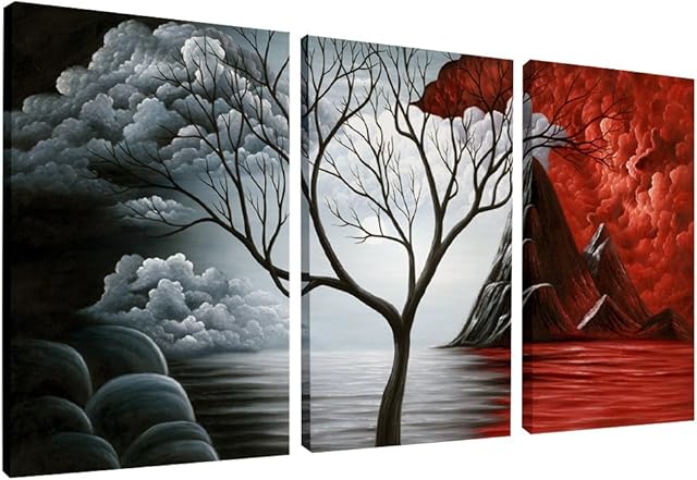 Wieco Art - The Cloud Tree Large 3 Panels Modern Stretched and Framed Giclee Canvas Prints Abstract Seascape Paintings Reproduction Sea Beach Pictures on Canvas Wall Art for Bedroom Home Decorations