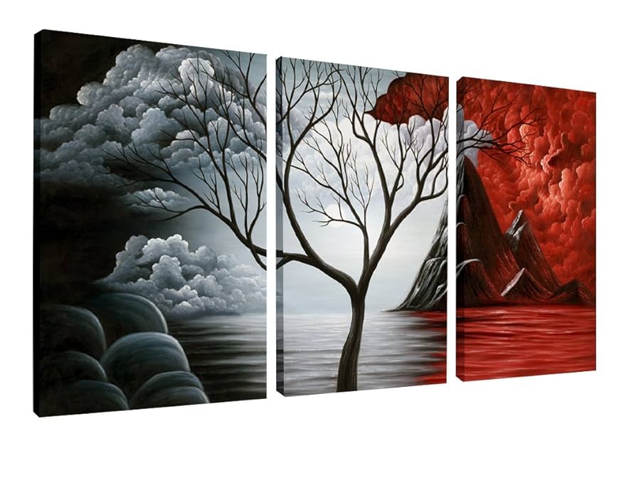 Wieco Art - The Cloud Tree Large 3 Panels Modern Stretched