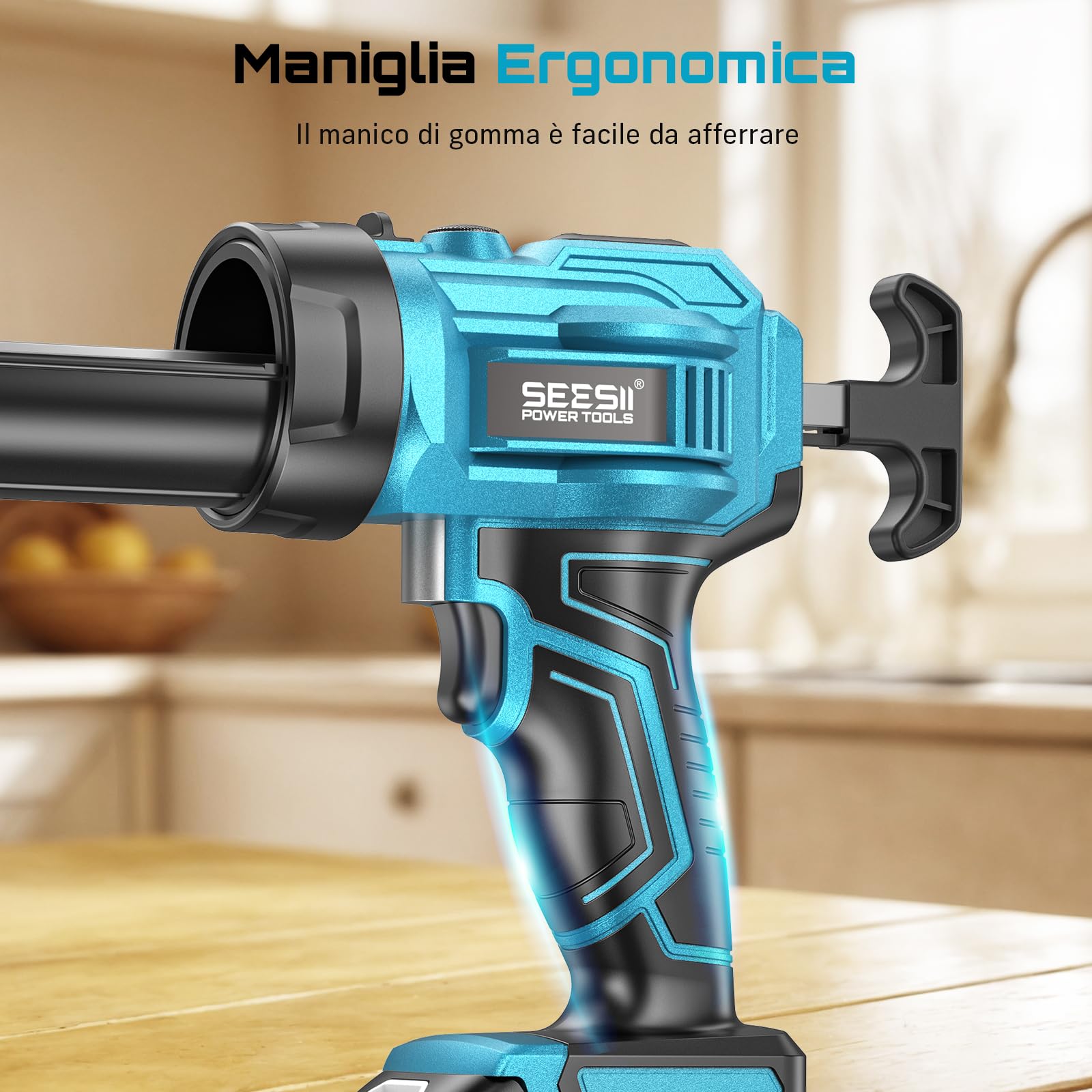 SEESII Pistola per Silicone a Batteria, 21V Pistola per Silicone Elettrica e Adesivi per Cartucce da 10oz/300ml con Batteria da 2.0Ah e Caricabatterie, 4 Velocità (300ml)