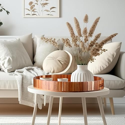 Miniatura 5 de 2 bandejas redondas grandes de madera de 20 pulgadas con asas, bandeja de madera de acacia resistente para mesa otomana, bandejas decorativas para