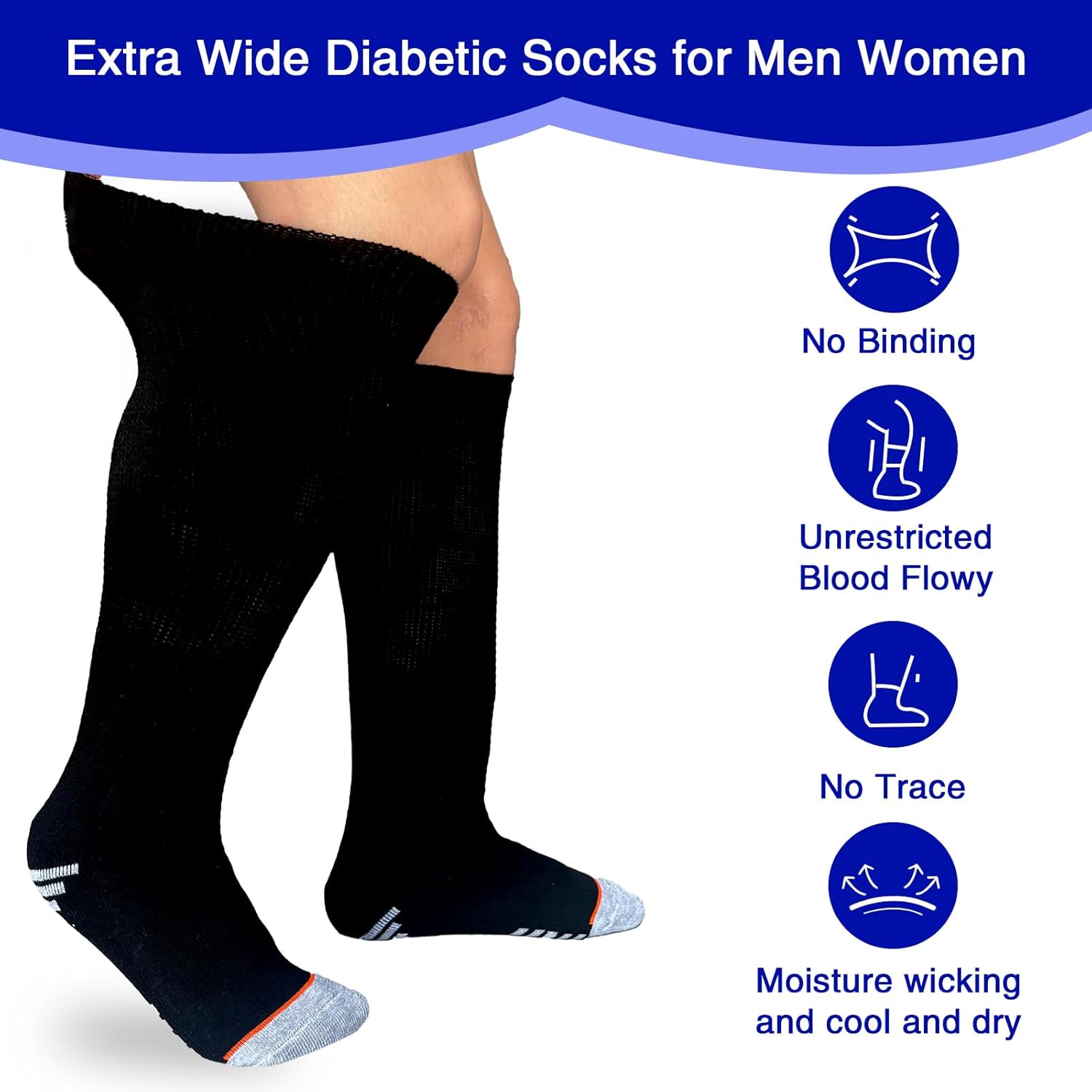 Diabetic Socks Extra Width Non Binding 2 Pairs Bariatric Sock Neuropathy Hospital Swollen Socks Men Women Lymphedema Socks (US, Alpha, One Size, Regular, Regular, Black-2Pairs) - Image 2