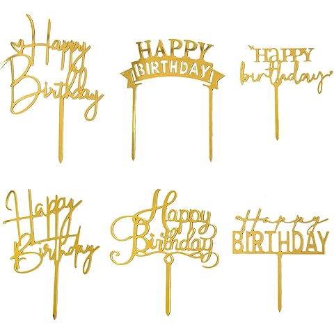 Gold Birthday Cake Topper, 6pcs Acrylic Birthday Cake Toppers Happy Birth Cake Toppers for Decorations Gold Topper for Girls Women's Party Decorations