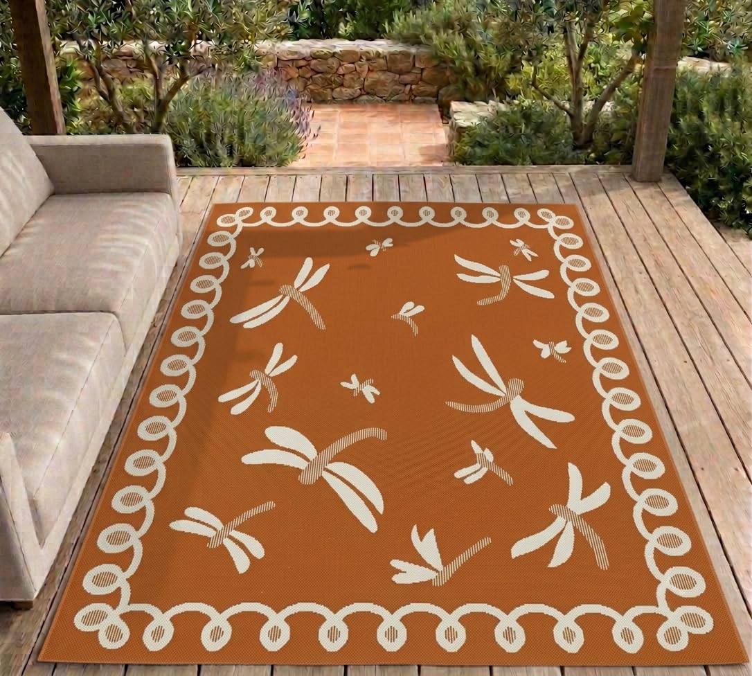 Lord of Rugs Terrace Dragonfly Outdoor Rug for Garden, Patio, Living Room, Indoor, Kitchen, Balcony, Picnic, Bedroom Bordered Lightweight Mat Flatweave Rug Terracotta XX-Large 240x340 cm (8'x11'2")