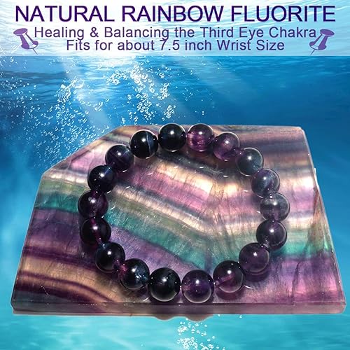 Miniatura 3 de 10MM Rainbow Fluorite Bracelet for Women Men  Fits for About 7.5" Wrist  Natural Third Eye Chakra Crystal  Healing Crystal of Peace & Protection