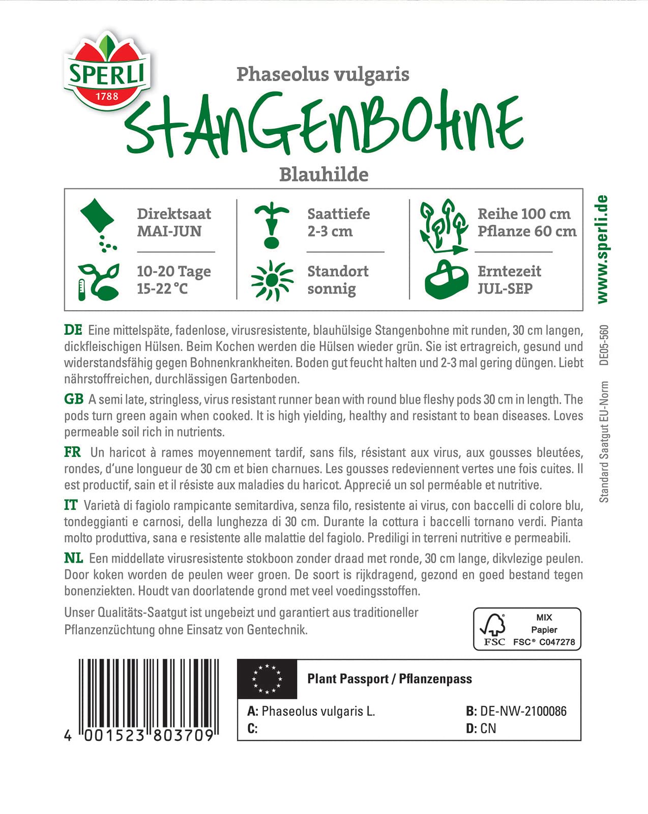 Sperli Stangenbohnensamen Blauhilde 80370 - dickfleischige, fadenlose, lange Hülsen - Inhalt für 15-20 Stangen - Gemüsesamen, Samen Gemüse, Saatgut | ertragreich, aromatisch, einfache Aussaat, ideal fuer den Gemuesegarten