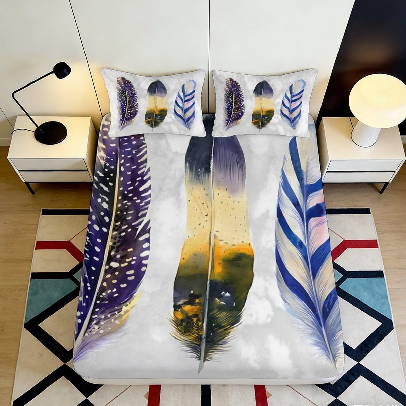 3D Printed Watercolor Feather Fitted Sheet Microfiber Soft Decorative Artistic Blue Yellow Mattress Cover for Bedroom Guest Room 90x200x25cm