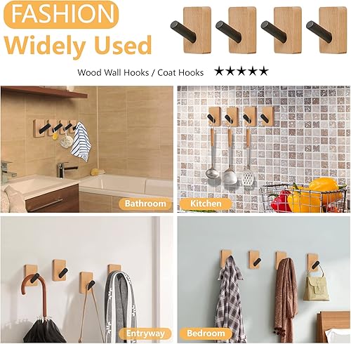 Miniatura 7 de Ganchos de madera para abrigos, paquete de 4 ganchos de pared de madera de haya a prueba de óxido, ganchos adhesivos para colgar abrigos, bolsas,