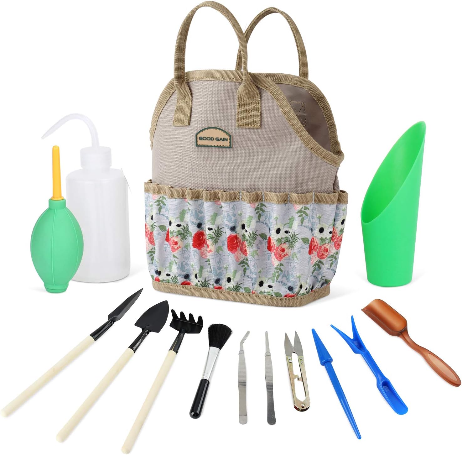 G GOOD GAIN Succulent Kit with Organizer Bag, 14 Pieces Garden Indoor Mini Hand Gardening Tool Set, Tools for Bonsai Planter Miniature Fairy Planting Care. (Rose)