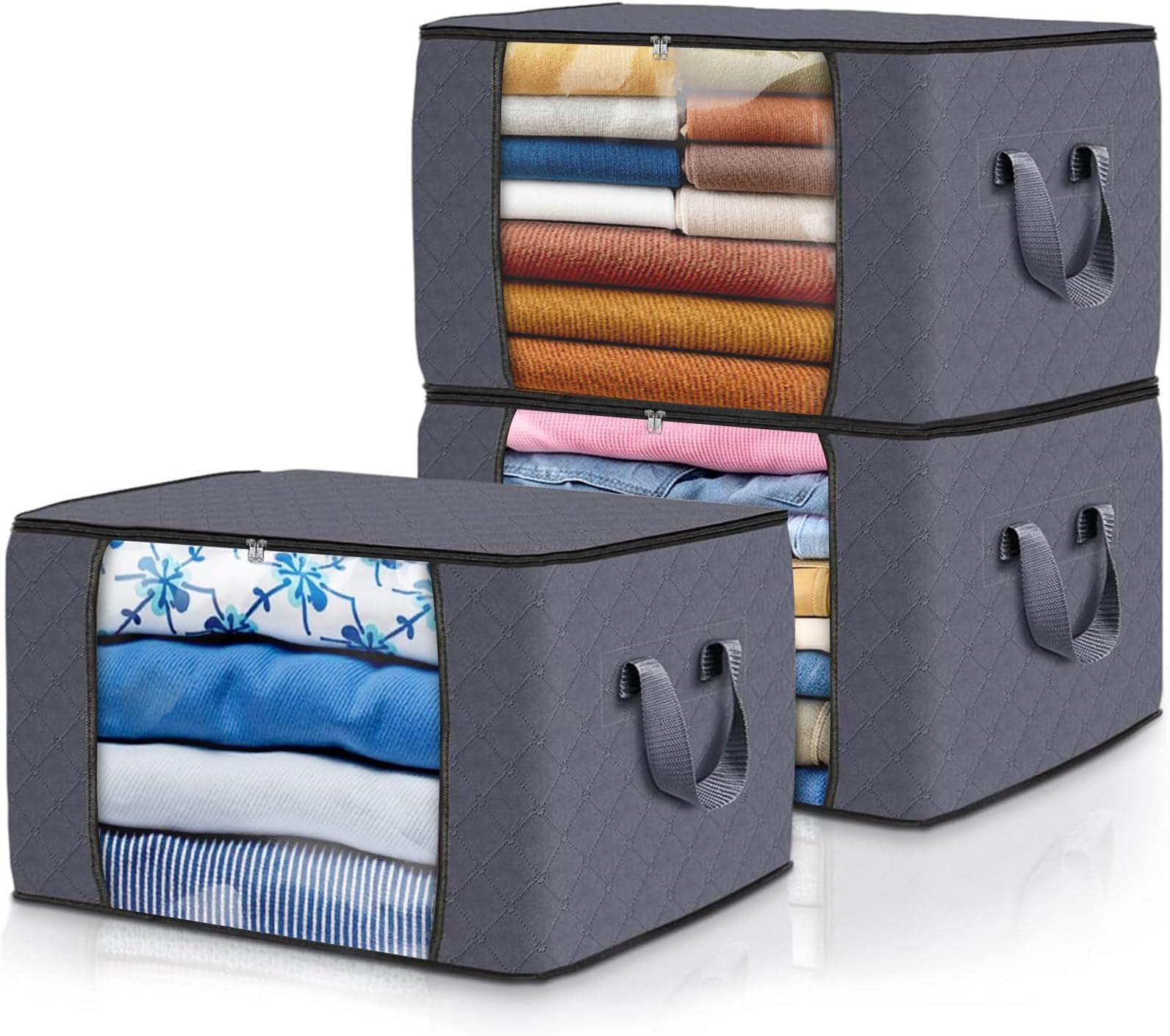 3 Pack Storage Bags for Clothes Blanket Storage Bins with Lids | Foldable Closet Organizers with Zippers,Window and Handles,Fabric Storage Bins for Sweater,Comforter,Bedding,Dorm essentials
