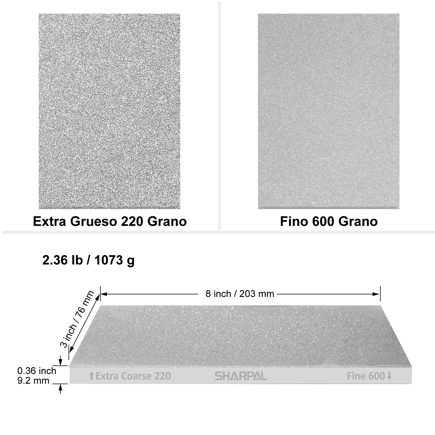 SHARPAL 163N Piedra de Afilar de Diamante Doble Cara 203x76 mm | Grano Extra Grueso 220 / Fino 600, Estuche Almacenamiento con Base Antideslizante, Guía de Ángulo, Afilador de Cuchillos