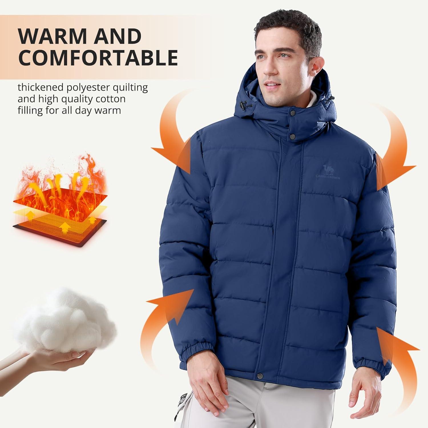 CAMELSPORTS Mens Winter Coats Warm Jacket with Detachable Hood Water-Repellent Windproof Parkas Casual Jackets