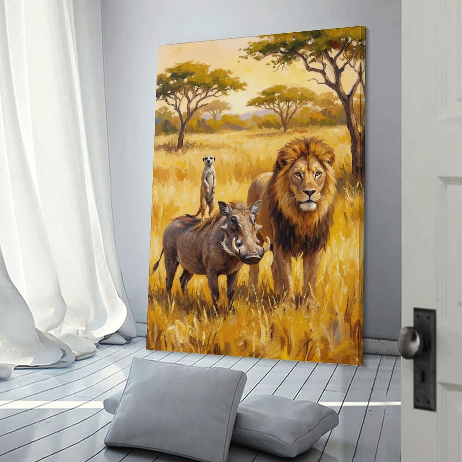 Junmoney Lion, Warthog, And Meerkat in Savannah Room Decor Wall Art, 20x30inch(50x75cm), for Living Room, Lounge Or Sitting Room, A Home Accent with Warm Character