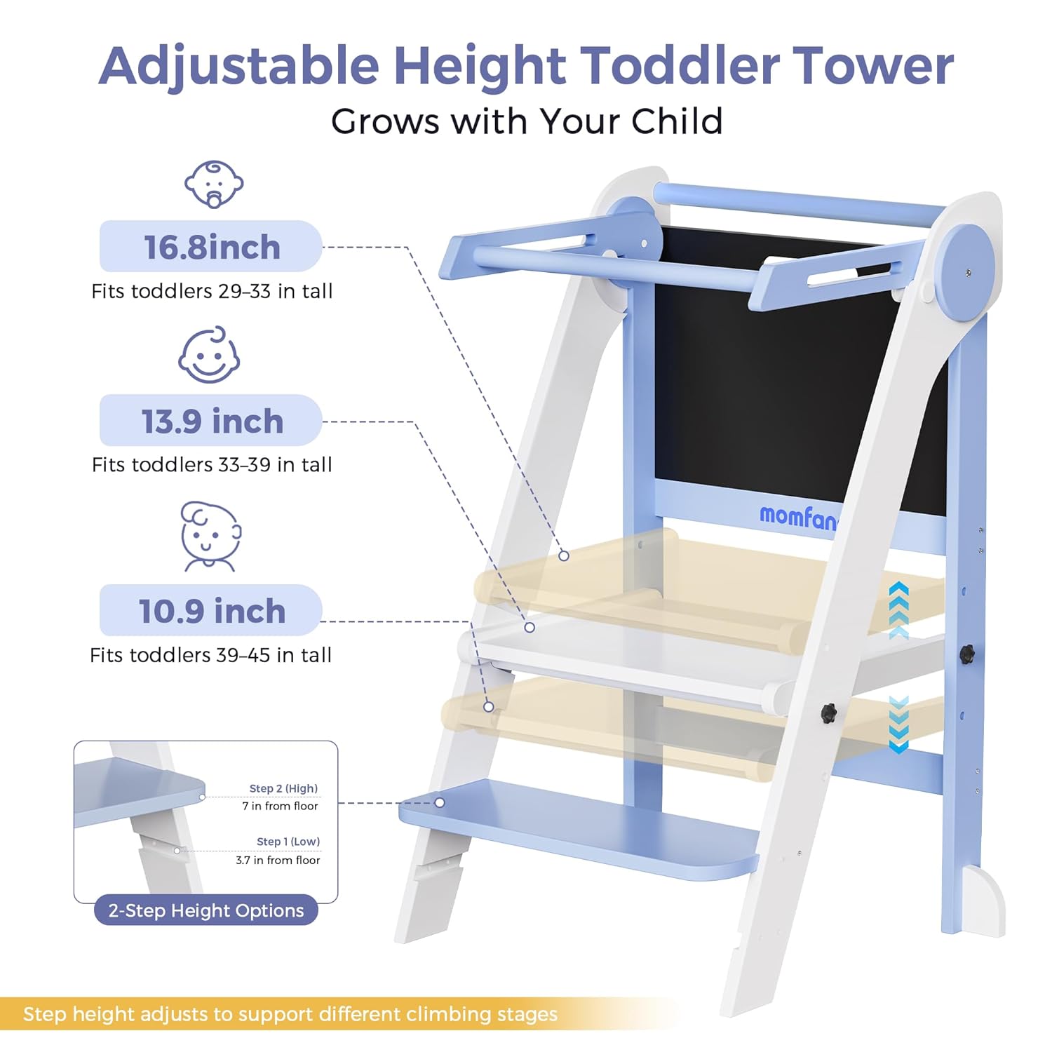 MOMFANN Foldable Toddler Tower, Toddler Kitchen Stool with 3 Adjustable Heights & Chalkboard, Montessori Learning Tower for Toddler Standing, Wooden Toddler Kitchen Tower with Safety Rail & Anti-Slip
