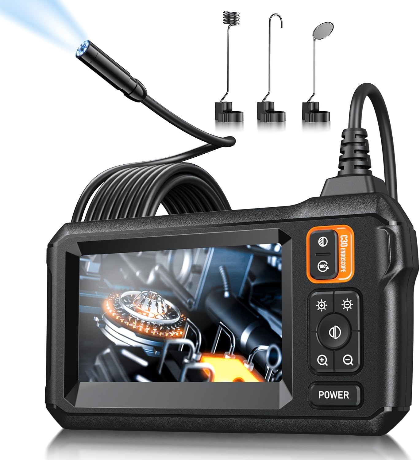Endoscope Camera with Light, Inspection Borescope Camera with 4.3" IPS Screen, 1920P HD with 8 LED Lights, 10FT Semi-Rigid Cord Bore Scope, IP67 Waterproof Endoscope for Sewer, Tools(Orange)