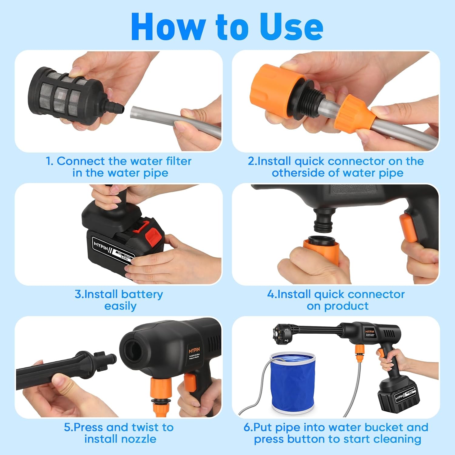 Portable Cordless Pressure Washer, 600 PSI 3.0Ah Rechargeable Battery Powered Pressure Washer, 6-in-1 Nozzle with Standard Nozzle for Car Floor Wall Fence Cleaning, Pet Cleaning - Image 6