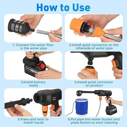 Miniatura 6 de Lavadora a presión inalámbrica portátil, 600 PSI 3.0Ah recargable a batería, boquilla 6 en 1 con boquilla estándar para limpieza de cercas de pared