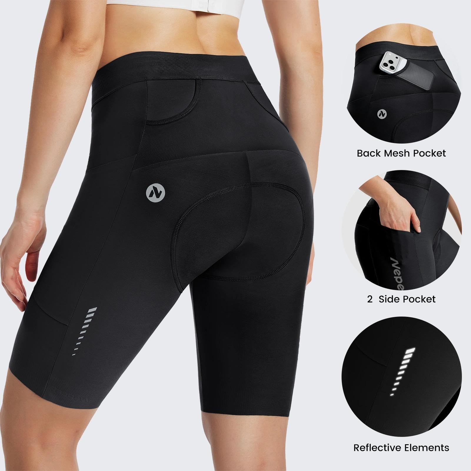 Nepest Radlerhose Damen Gepolstert 4D UPF 50+ | Fahrradhose Damen Mit Polster, Atmungsaktiv, Reflektierende, 3 Taschen, 4-Wege-Stretch, Bike Biking Cycling Shorts Women