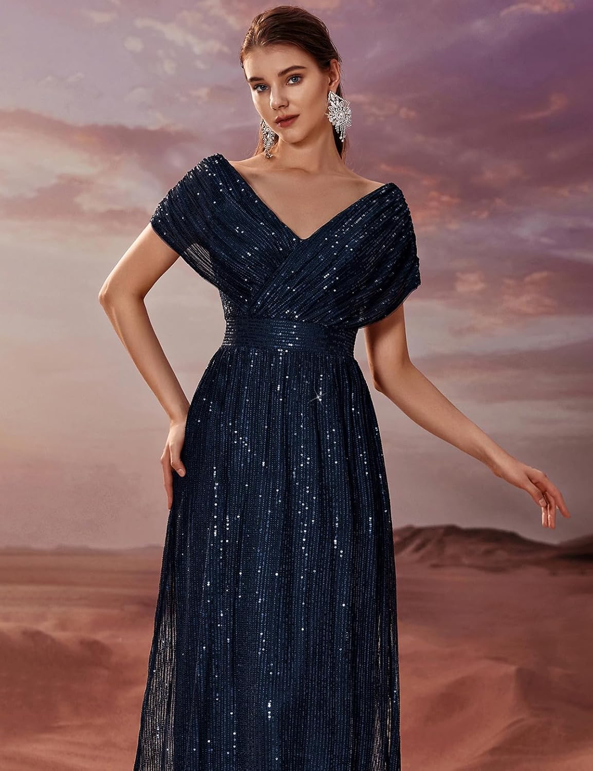 Women's Sequin V-Neck Short Sleeve A-Line Evening Dress Elegant Evening Dresses Party Gowns - Image 6