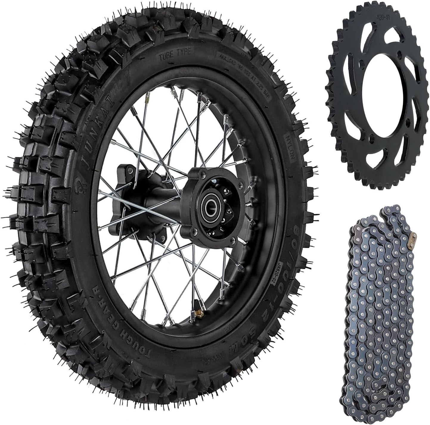 80/100-12 Dirt Bike Rear Wheel Assembly with 1.85x12 Rim, 420 Chain Sprocket & Drive Chain – 80/100-12 (3.00-12) Tire Tube Bearing Combo for Dirt Pit Bikes Off-Road Motorcycle, 70cc-160cc Models