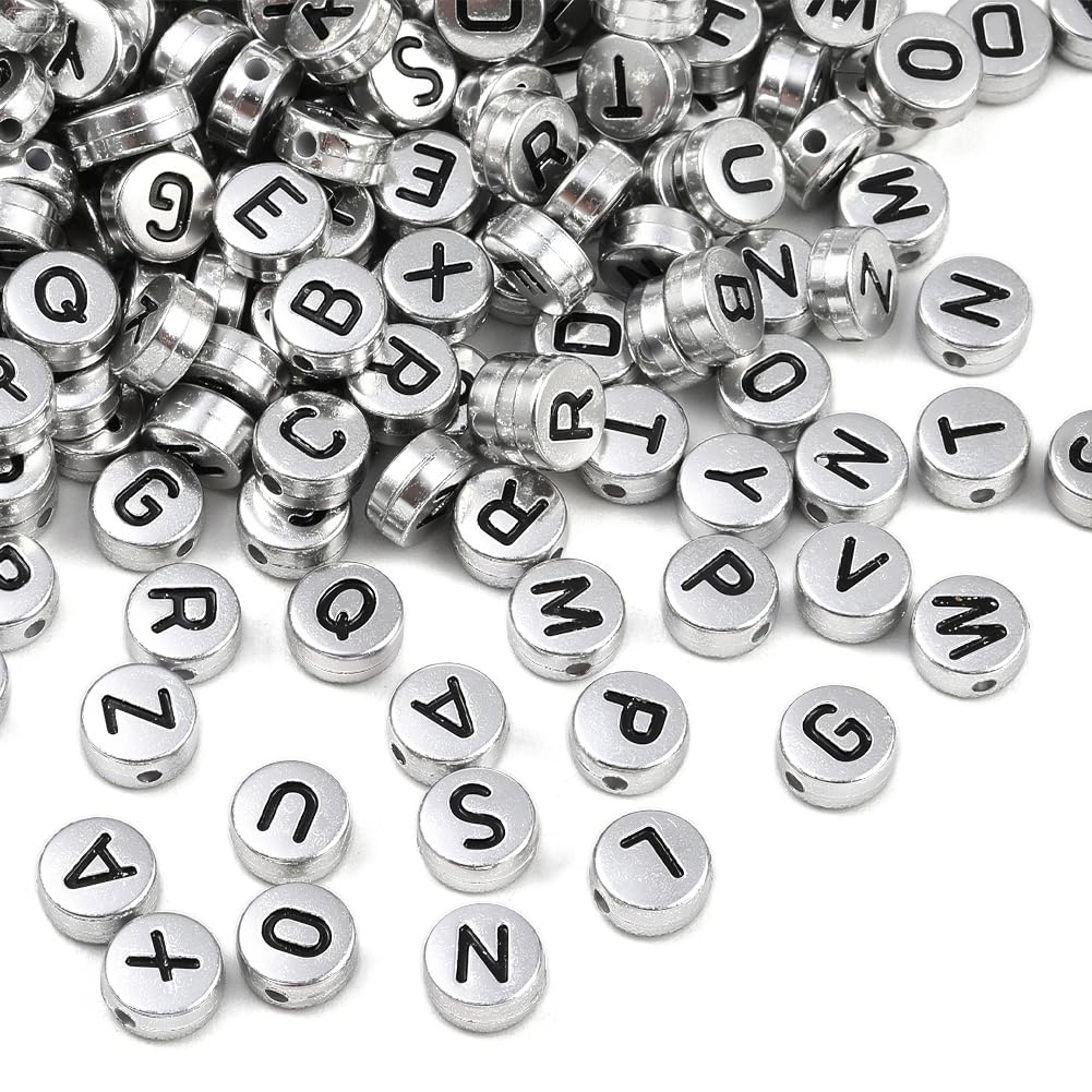 PONABEADIY 7MM Silver Letter Beads with Hole Acrylic Flat Round A-Z Letters Pony Spacer Disc Alphabet Resin Assorted Loose Bead Bulk for Jewellery Making Threading Bracelet Necklace Diy Crafts Supply