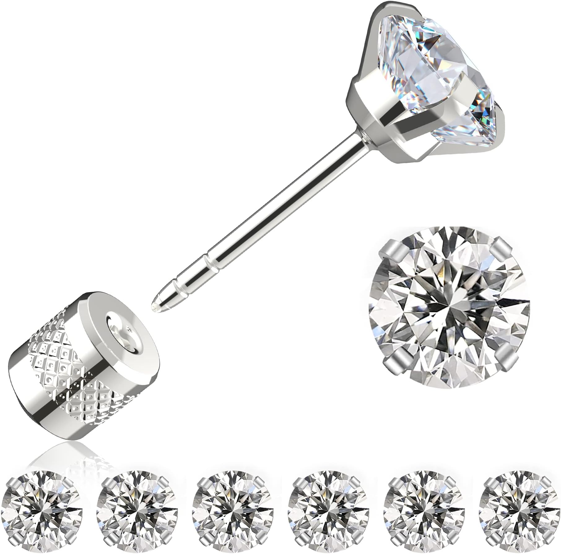 Threadless Flat Back Stud Earrings, 6 Pairs Titanium Hypoallergenic Earrings for Women Men, Cubic Zirconia Silver Gold Stud Earrings Surgical Stainless Steel Stud Earring Set for Cartilage 2-8mm