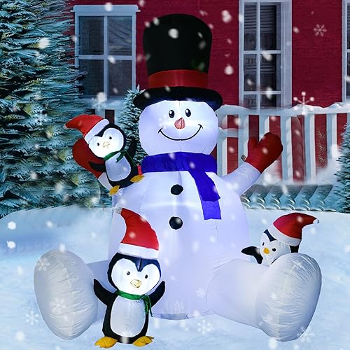 Miniatura 6 de 7Ft Lighted Christmas Inflatable Snowman with Three Cute Penguins Build-in LED Lights, Holiday Blow up Outdoor Yard Decoration