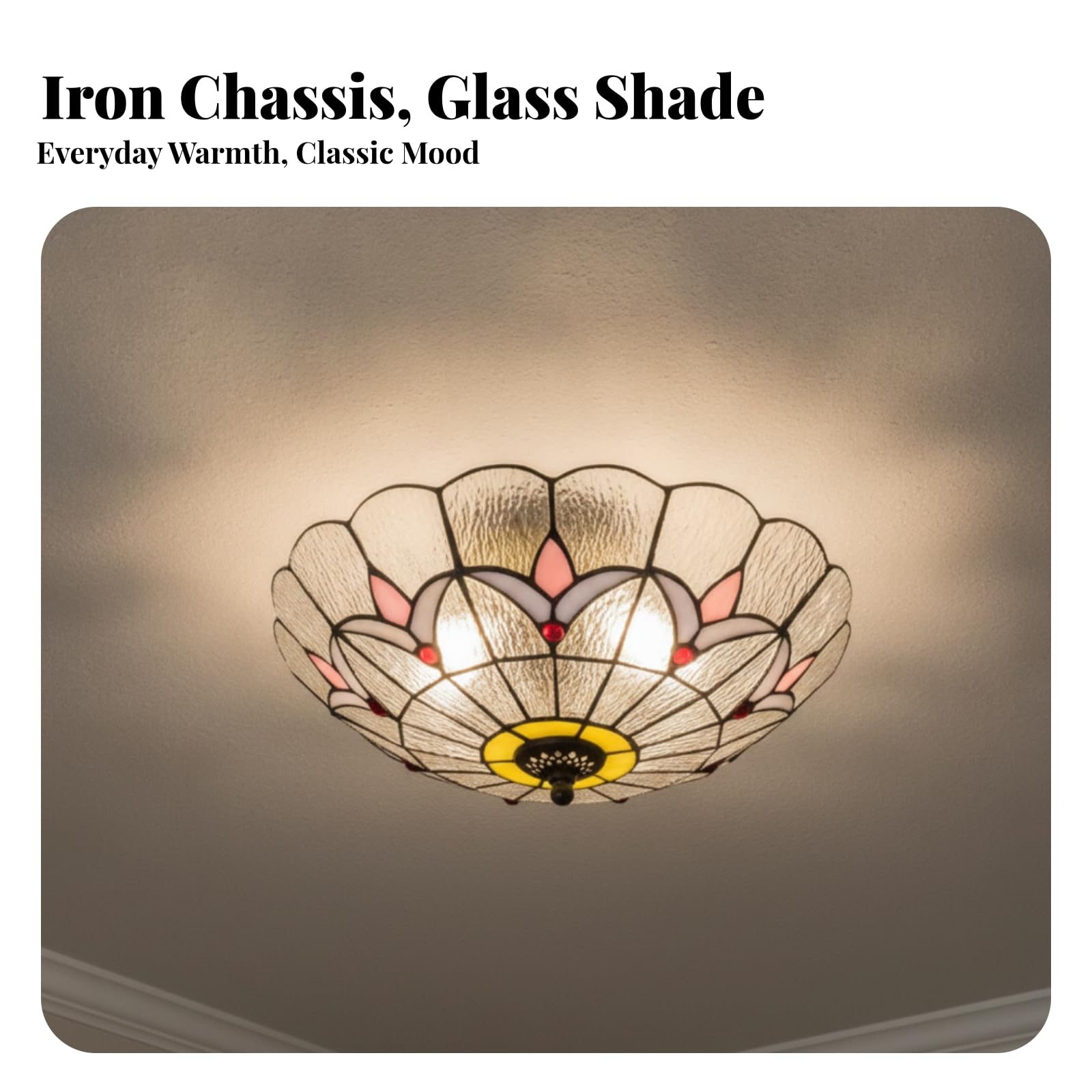 LOVIVER Flach Buntglas Deckenleuchte | Handgefertigter Glasschirm, Buntglas Deckenlampe, Vintage, Deckenleuchte mit rundem Buntglasschirm, für Wohnzimmer, Flur, Transparent