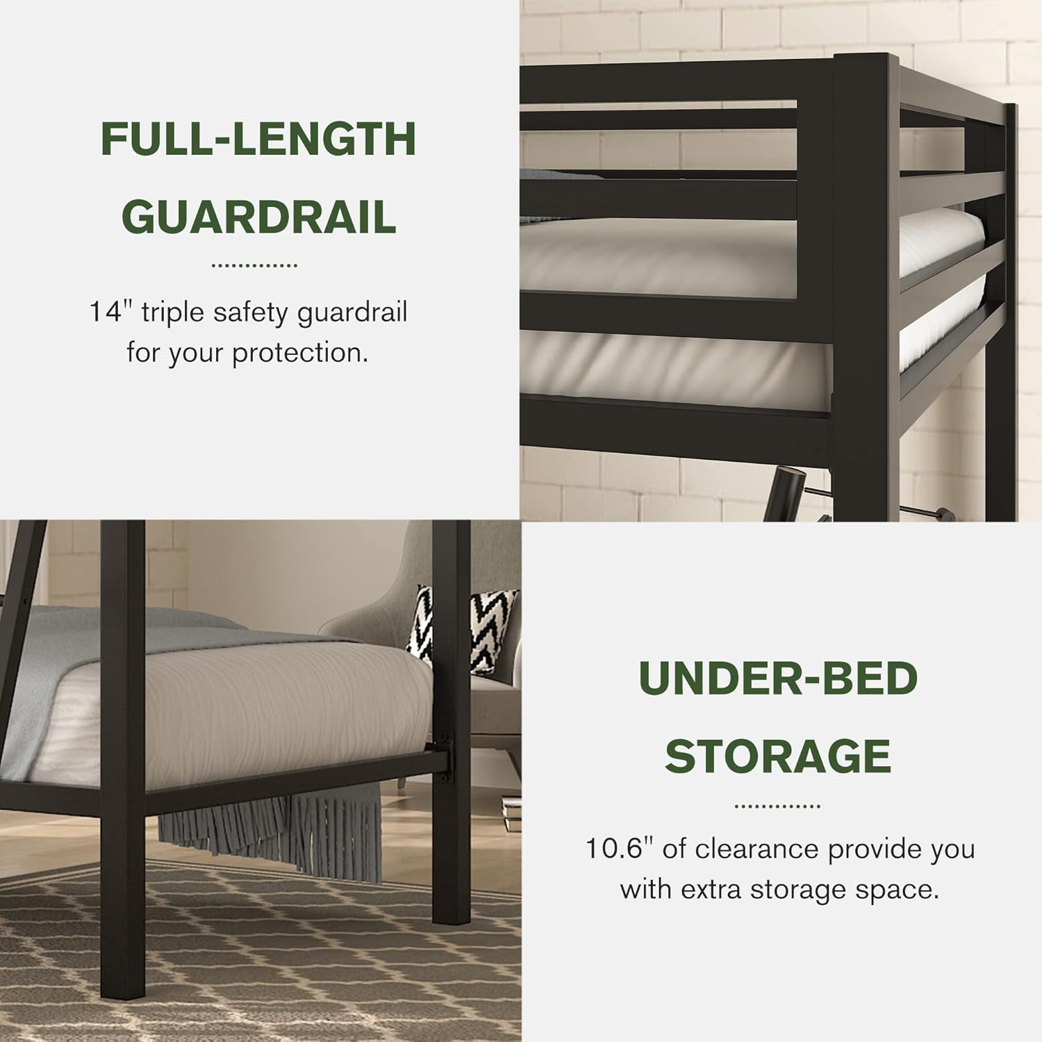 MUTICOR Loft Bunk Bed Frame Twin Over Twin with Safety Guardrail and Ladder,Metal Slats Support, Small Space Saving Furniture for Bedroom Kids Room and Dorm,Black