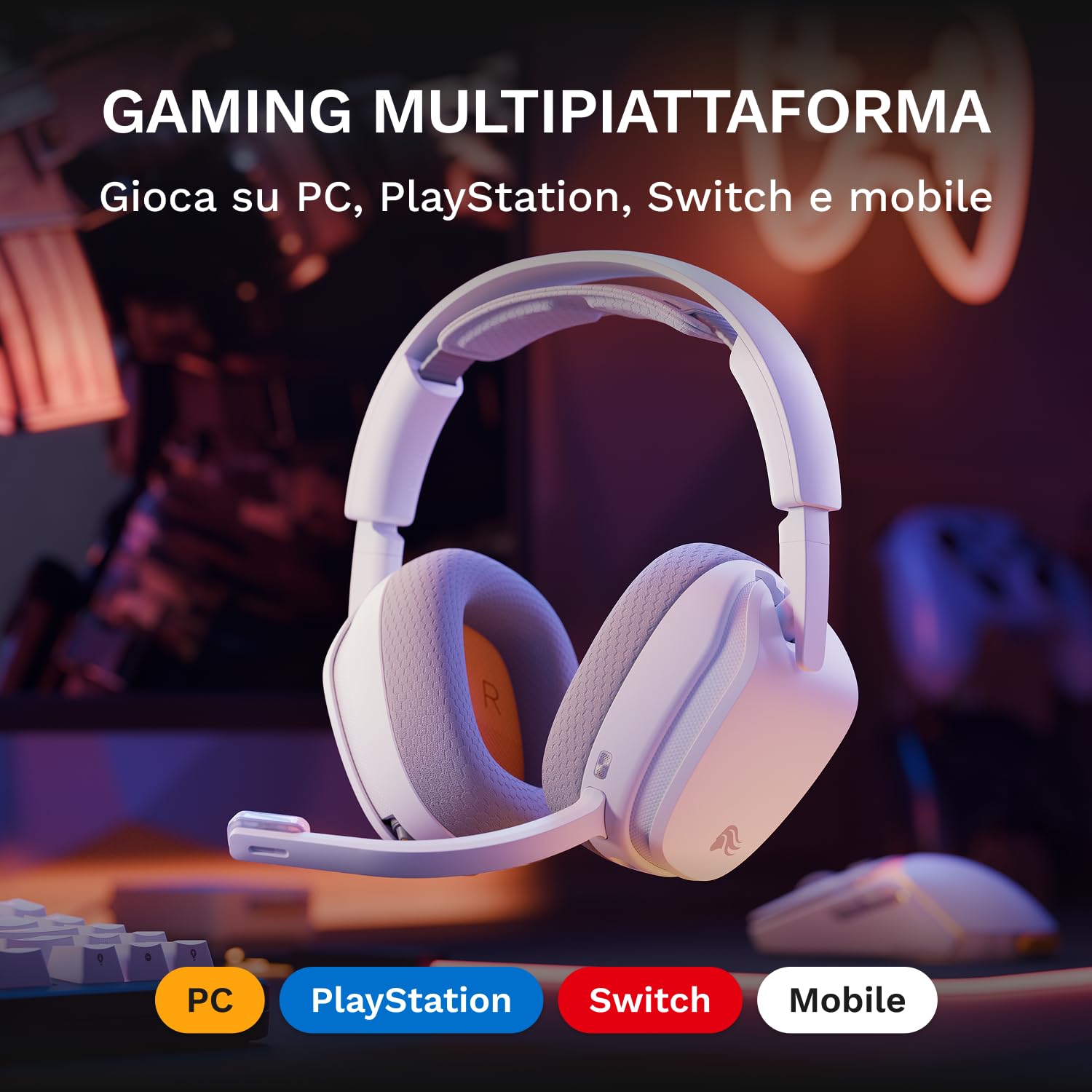 Glorious GHS Wireless InfinitePlay - Cuffie Gaming - PC, PS5, PS4 - Bianco | Batterie 85H Intercambiabili, Resta ON al Cambio, 2.4GHz e Bluetooth, Driver Custom, Microfono Rimovibile Antirumore