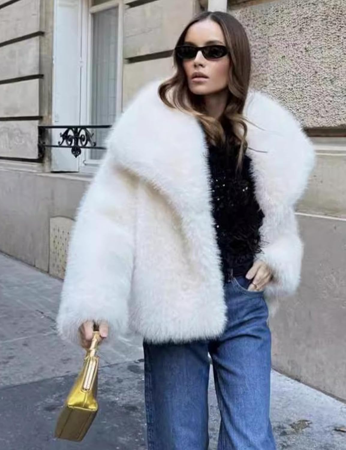 COZYPOIN Womens Faux Fur Jacket Fluffy Fur Coat Cropped Long Sleeve Lapel Button Down Fuzzy Winter Outerwear - Image 5