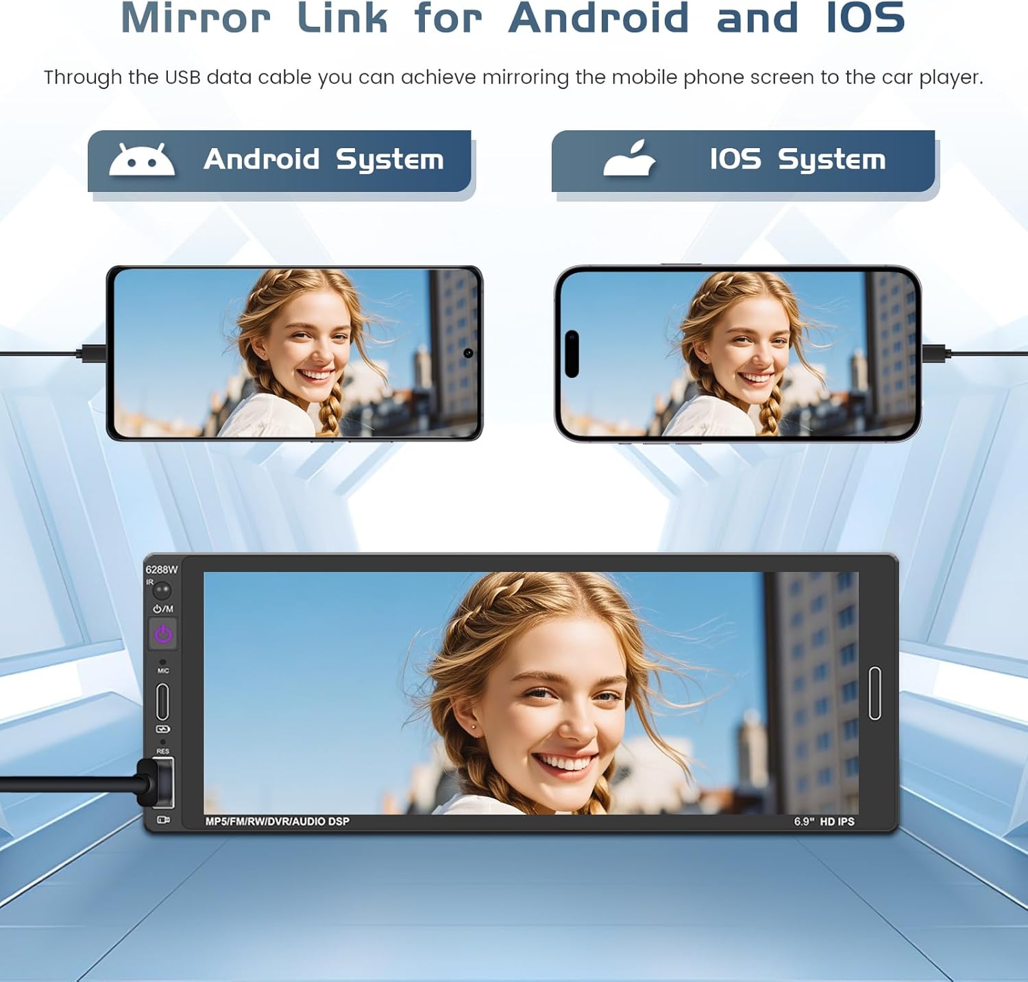 Single Din Car Radio Stereo with Wireless Apple Carplay Android Auto, 6.9" HD Touch Screen Car Radio Bluetooth Receiver, Mirror Link, Backup Camera GPS Navigation USB/Type-C Charge FM EQ SWC MP5