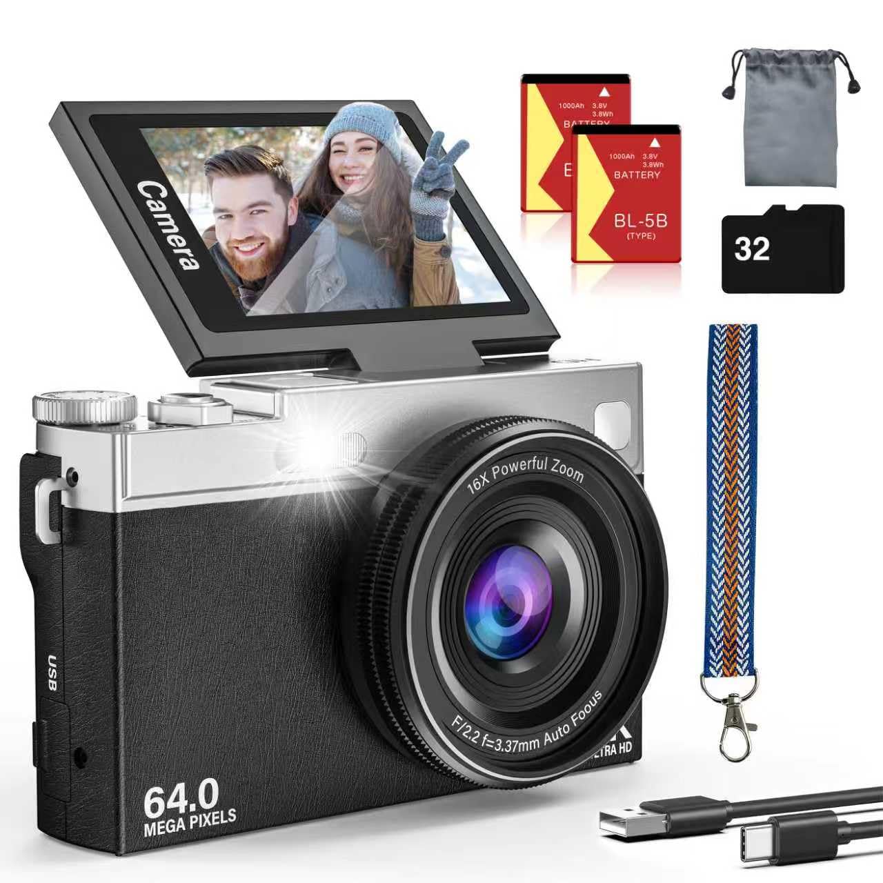 2025 New 4K Digital Camera for Photography and Vlogging, 64MP & 2.88" 180° Flip Screen Travel Cameras with 16X Zoom, 32GB SD Card, 2 Batteries,