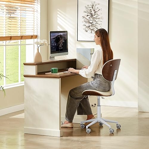 Miniatura 6 de Bestier Silla de oficina en casa con soporte de respaldo de madera curvada, silla de escritorio sin brazos con giro de 360, silla de computadora de