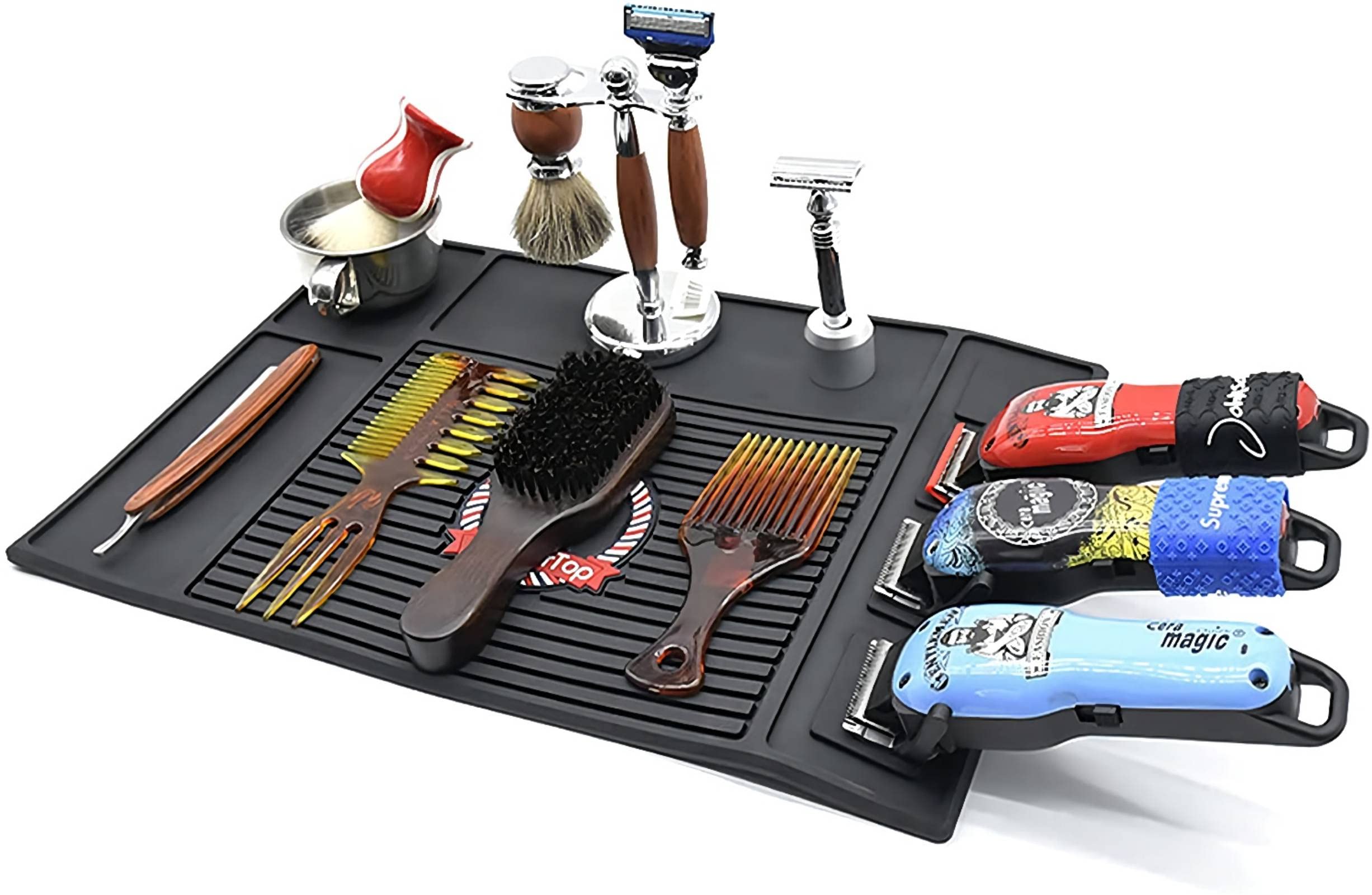 CestoMenBarber Tools Organizer Mat, Clippers Mat, Flexible and Anti-slip Magnetic Barber Mat, Magnet Strip Station Pad for Hairstylist(BLACK)