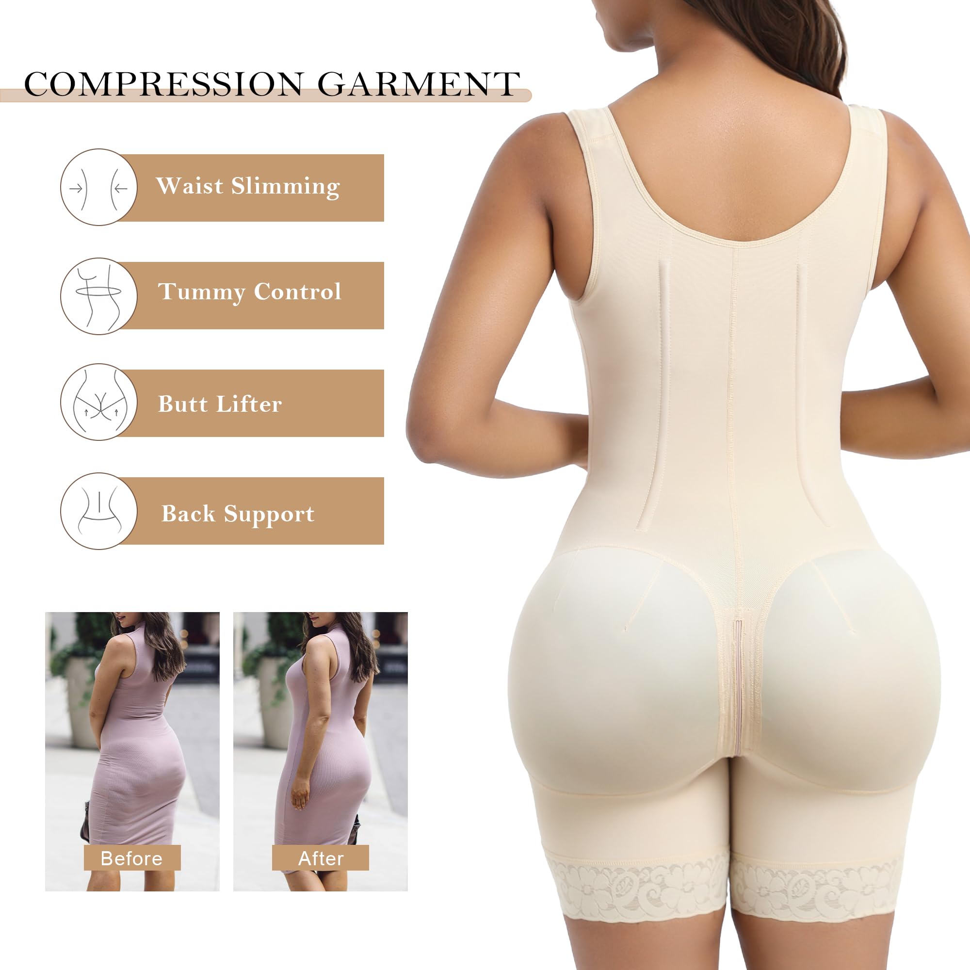 Fajas Colombianas Moldeadoras Fajas Shapewear Control de abdomen Body Shaper posparto Levantamiento de glúteos Prenda de compresión con huesos, Beige 5