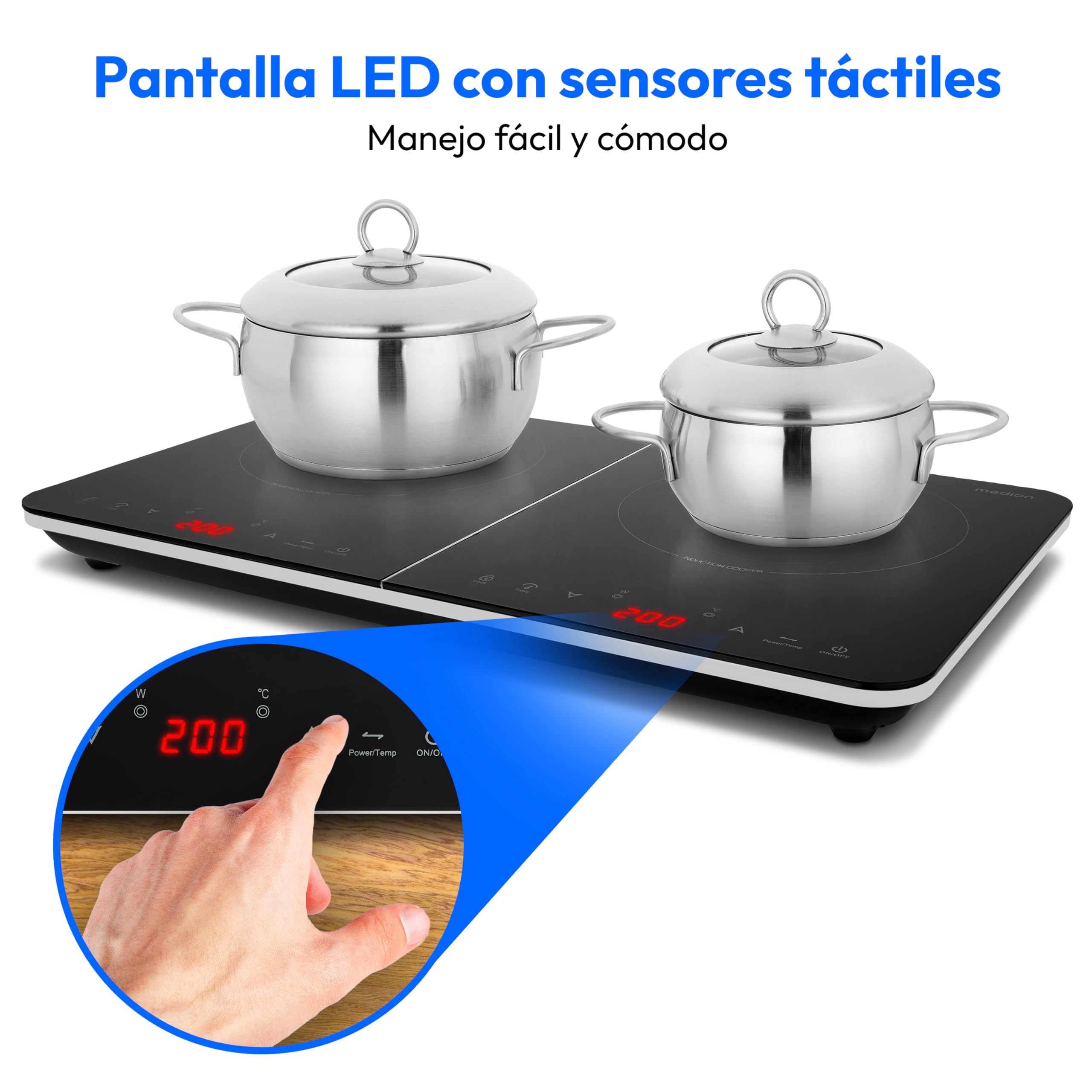 MEDION Placa de inducción doble, 3500 vatios, dos placas de cocción, 10 ajustes de temperatura, pantalla LED, MD18493, negro