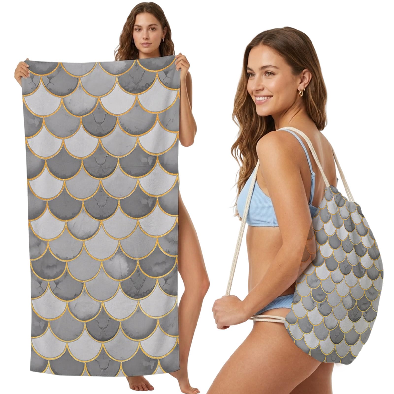 Beach Towel Bag 2 in 1 Grey Fish Scales Bath Pool Towels Backpack Ombre Fish Tail Absorbent Beach Towel Soft Quick Dry Lightweight Packable Towels Drawstring Bag for Travel Camping Sports Yoga Picnic